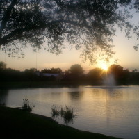 Photo Of Fountain in Pond with Sun Setting and Showing Shoreline